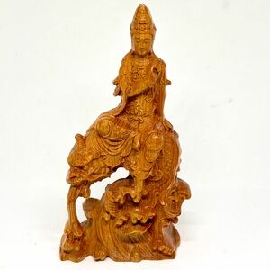 Vintage Natural Boxwood Carve Kwan Yin Guanyin Buddha On Dragon Fish Statue 4.5”